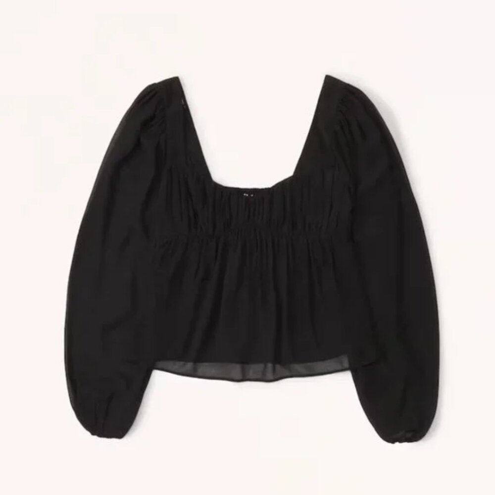 Abercrombie | Sheer Puff Sleeve Sweetheart Neckline Long Sleeve Top in Black XS